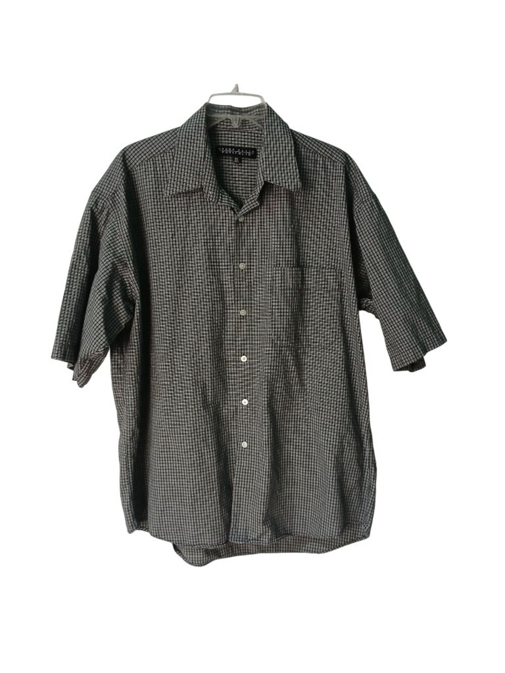 Perry Ellis Portfolio Shirt 16.5 Black White Plaid SS Button Cotton Blend #I-11